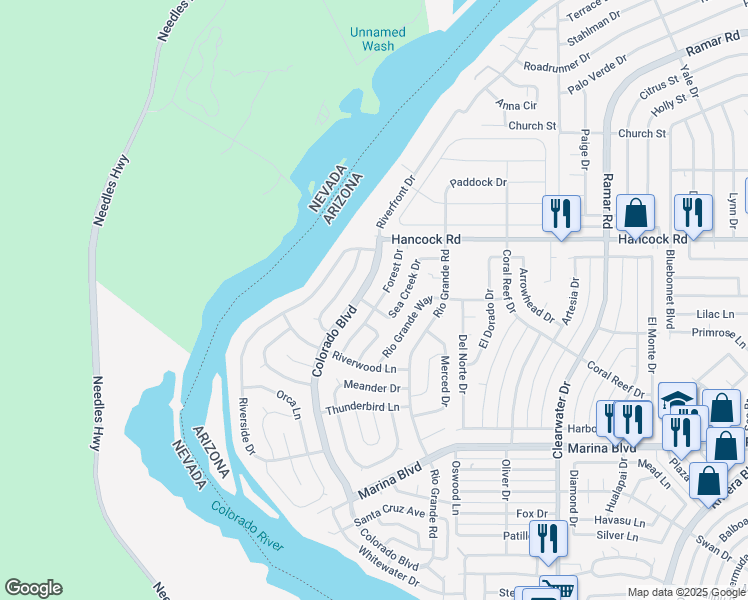 map of restaurants, bars, coffee shops, grocery stores, and more near 1787 Forest Way in Bullhead City