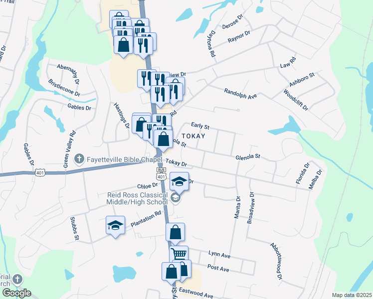 map of restaurants, bars, coffee shops, grocery stores, and more near 134 Glenola Street in Fayetteville