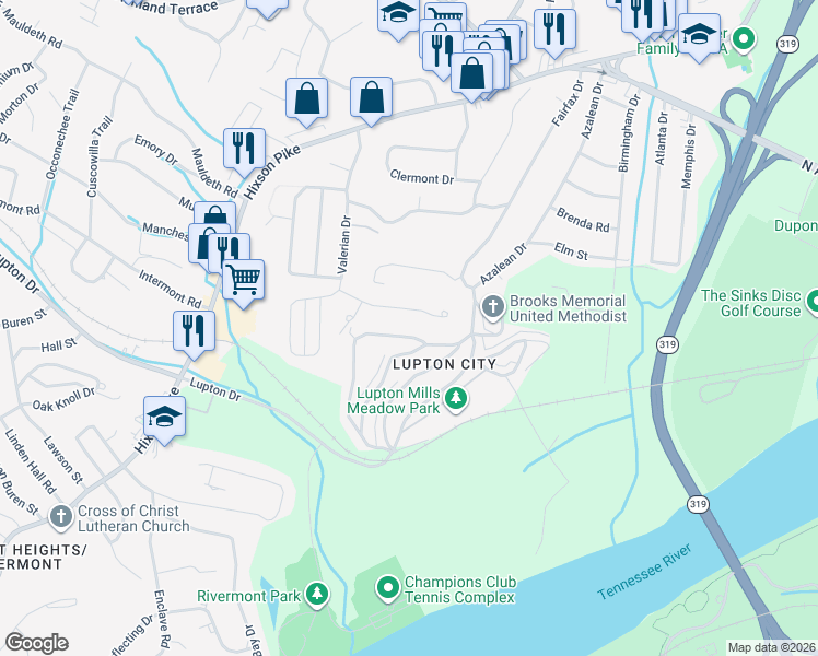 map of restaurants, bars, coffee shops, grocery stores, and more near 3663 Northrop Street in Chattanooga
