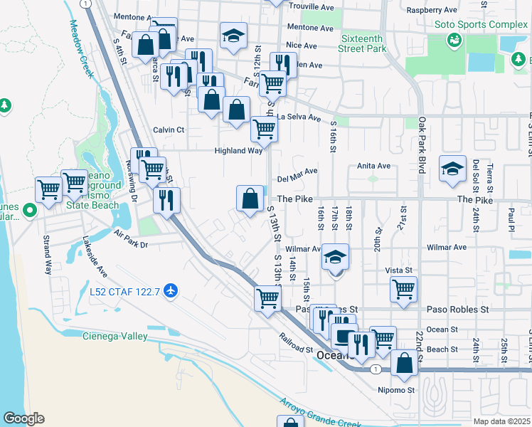 map of restaurants, bars, coffee shops, grocery stores, and more near 1210 Pike Lane in Oceano