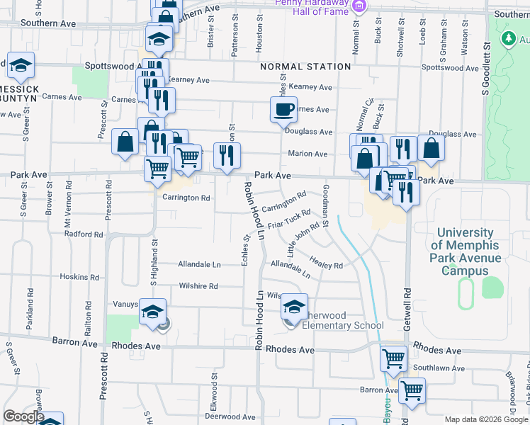 map of restaurants, bars, coffee shops, grocery stores, and more near 3689 Carrington Road in Memphis