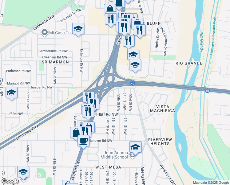 map of restaurants, bars, coffee shops, grocery stores, and more near 1737 55th Street Northwest in Albuquerque