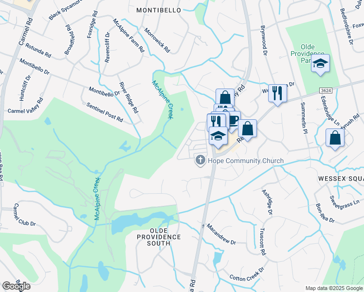 map of restaurants, bars, coffee shops, grocery stores, and more near 6533 Wakehurst Road in Charlotte