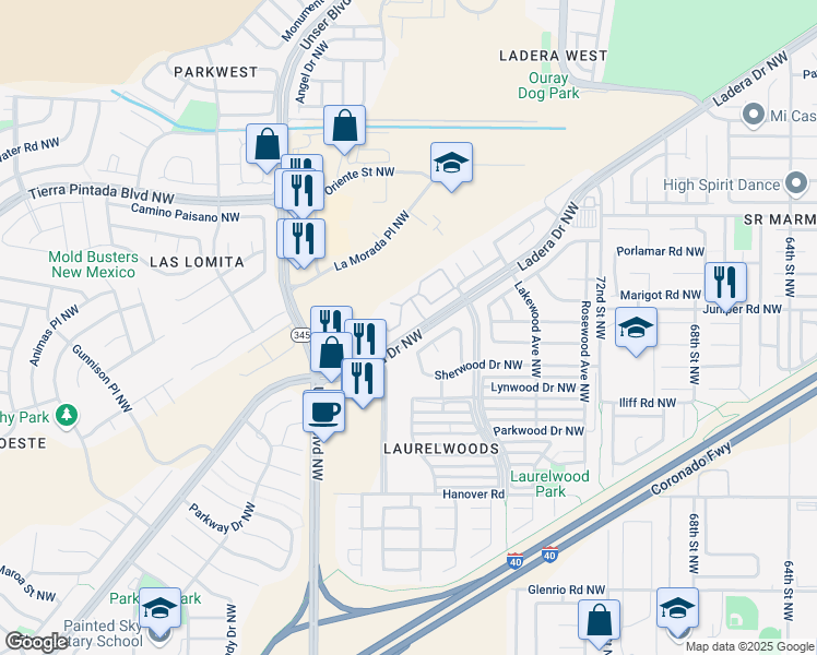 map of restaurants, bars, coffee shops, grocery stores, and more near 7 Ladera Drive Northwest in Albuquerque