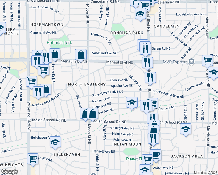 map of restaurants, bars, coffee shops, grocery stores, and more near 9504 Apache Ave NE in Albuquerque