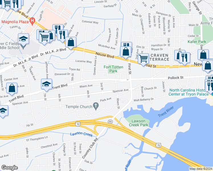 map of restaurants, bars, coffee shops, grocery stores, and more near 1417 Rhem Avenue in New Bern