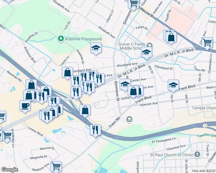 map of restaurants, bars, coffee shops, grocery stores, and more near 2309 Center Ave in New Bern