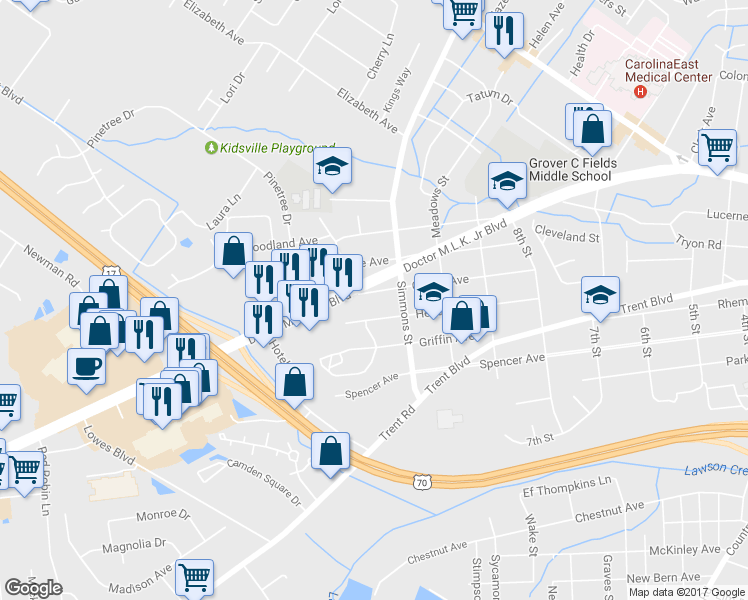 map of restaurants, bars, coffee shops, grocery stores, and more near 2309 Center Avenue in New Bern