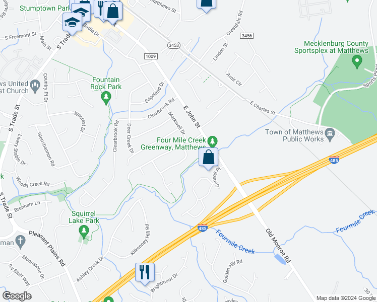 map of restaurants, bars, coffee shops, grocery stores, and more near 1111 Williamstown Road in Matthews