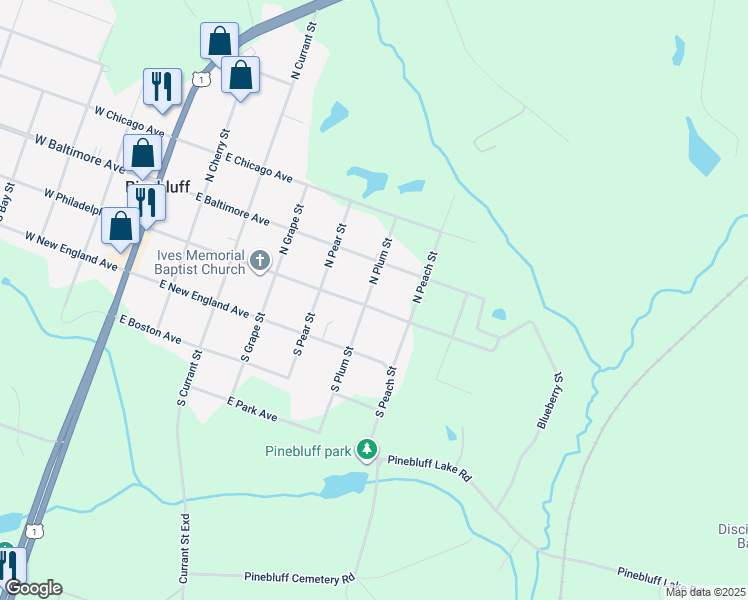 map of restaurants, bars, coffee shops, grocery stores, and more near North Plum Street in Pinebluff