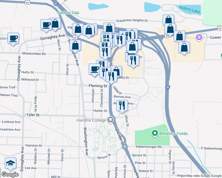 map of restaurants, bars, coffee shops, grocery stores, and more near 2070 Harkrider Street in Conway