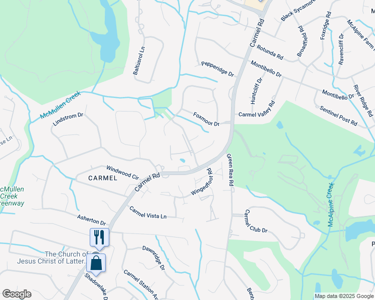map of restaurants, bars, coffee shops, grocery stores, and more near 4114 Waterford Drive in Charlotte
