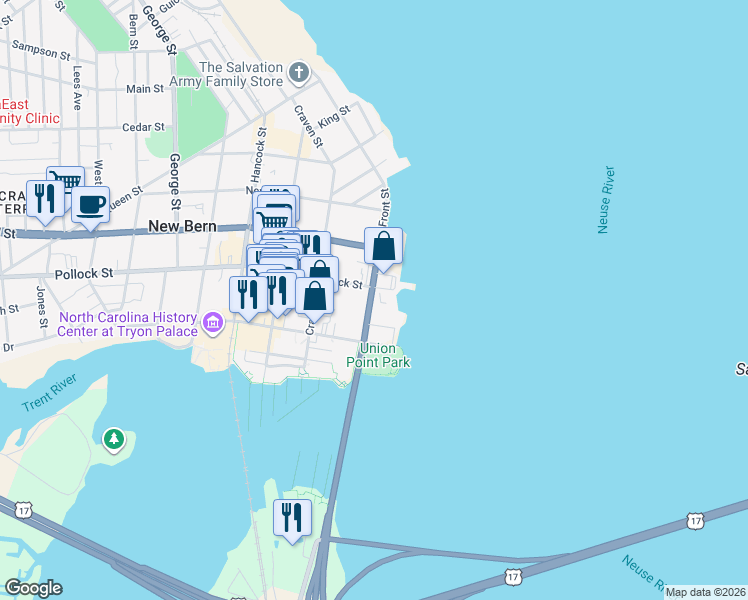 map of restaurants, bars, coffee shops, grocery stores, and more near 226 East Front Street in New Bern