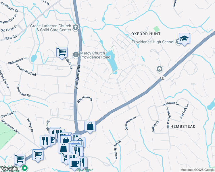 map of restaurants, bars, coffee shops, grocery stores, and more near 7913 Elphin Court in Charlotte