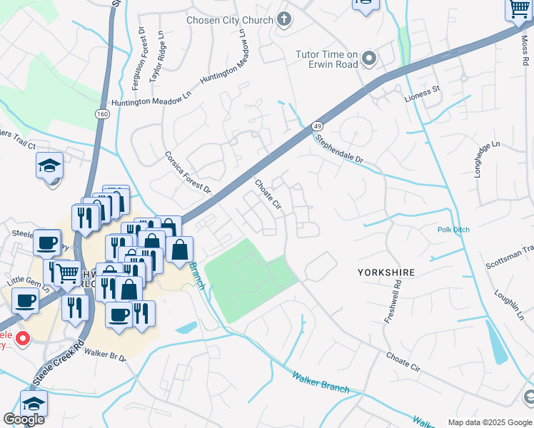 map of restaurants, bars, coffee shops, grocery stores, and more near 13733 Calloway Glen Drive in Charlotte