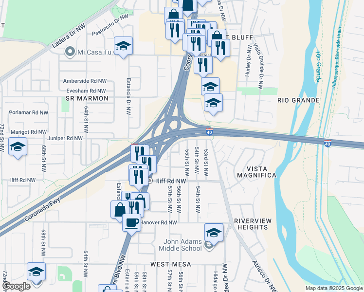 map of restaurants, bars, coffee shops, grocery stores, and more near 1737 55th Street Northwest in Albuquerque