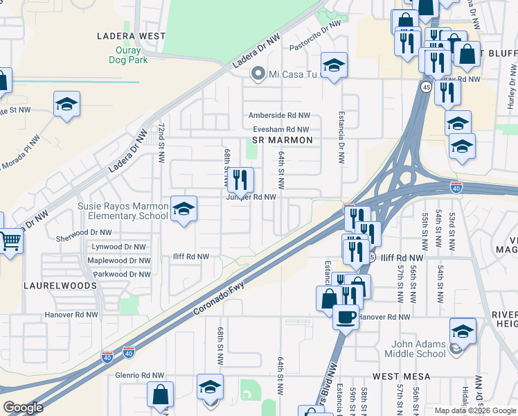 map of restaurants, bars, coffee shops, grocery stores, and more near 1820 Tierra Del Oso Drive Northwest in Albuquerque