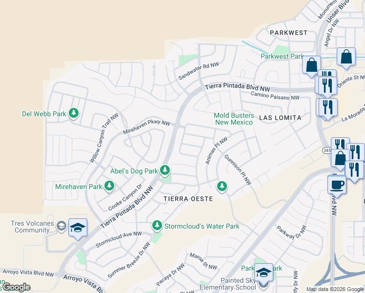map of restaurants, bars, coffee shops, grocery stores, and more near 8824 Wind Sock Road Northwest in Albuquerque