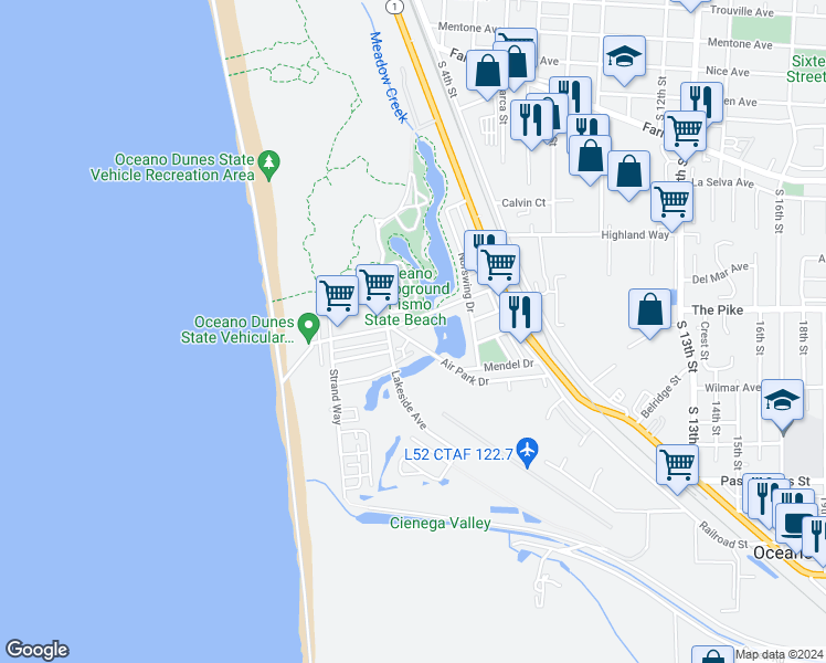 map of restaurants, bars, coffee shops, grocery stores, and more near 203 Air Park Drive in Oceano