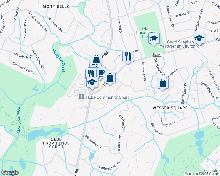 map of restaurants, bars, coffee shops, grocery stores, and more near 4245 Rea Road in Charlotte