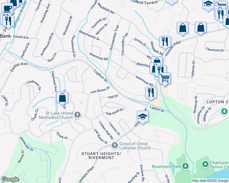 map of restaurants, bars, coffee shops, grocery stores, and more near 724 Lupton Drive in Chattanooga