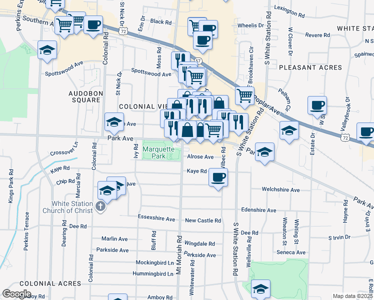 map of restaurants, bars, coffee shops, grocery stores, and more near 942 Mount Moriah Road in Memphis