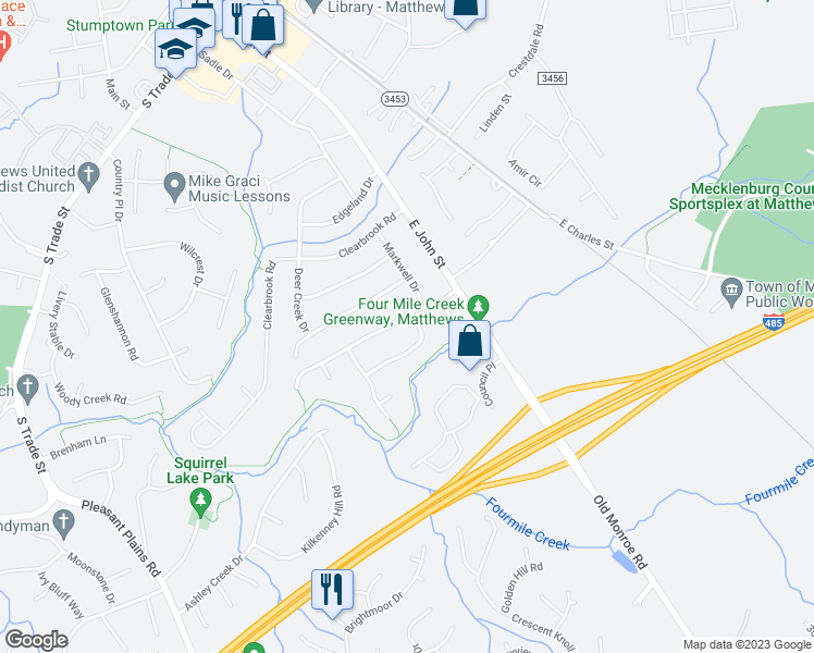 map of restaurants, bars, coffee shops, grocery stores, and more near 7822 Greylock Ridge Road in Matthews