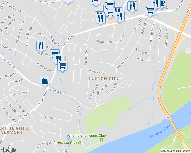 map of restaurants, bars, coffee shops, grocery stores, and more near 3615 Northrop Street in Chattanooga