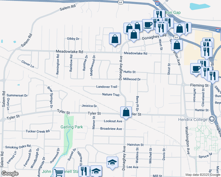 map of restaurants, bars, coffee shops, grocery stores, and more near 2155 Landover Trail in Conway