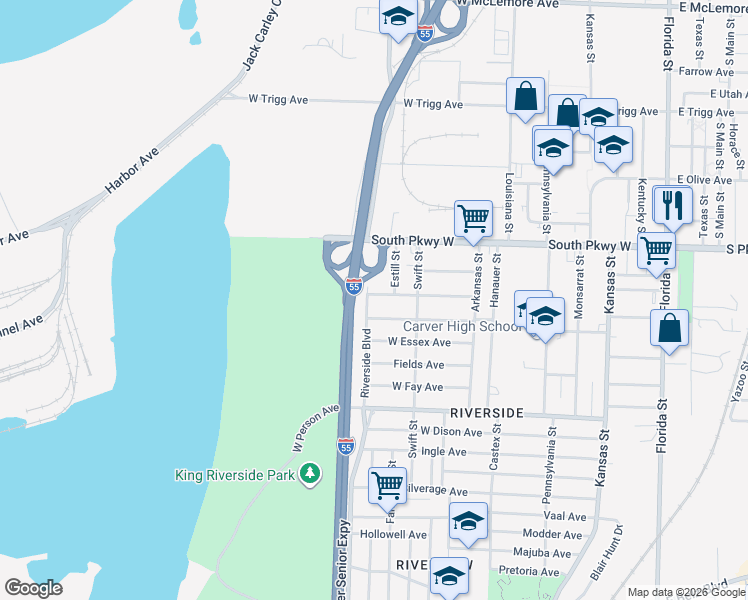 map of restaurants, bars, coffee shops, grocery stores, and more near 1530 Riverside Boulevard in Memphis