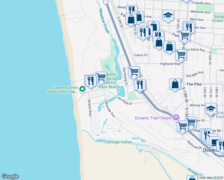 map of restaurants, bars, coffee shops, grocery stores, and more near 444 Pier Avenue in Oceano