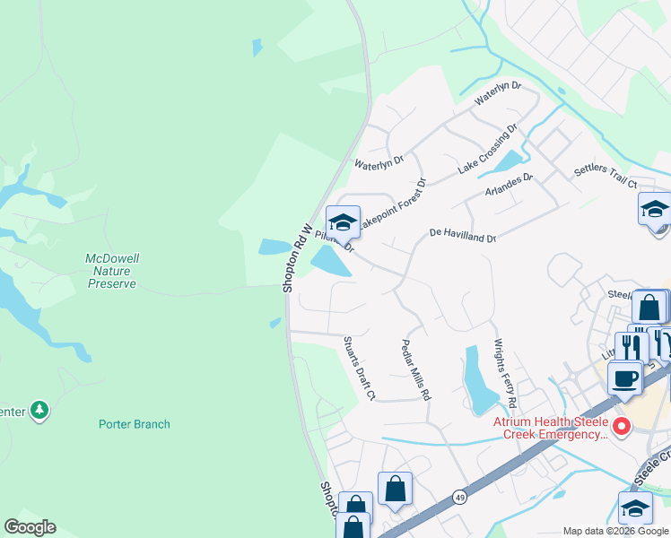 map of restaurants, bars, coffee shops, grocery stores, and more near 15726 Southern Garden Lane in Charlotte