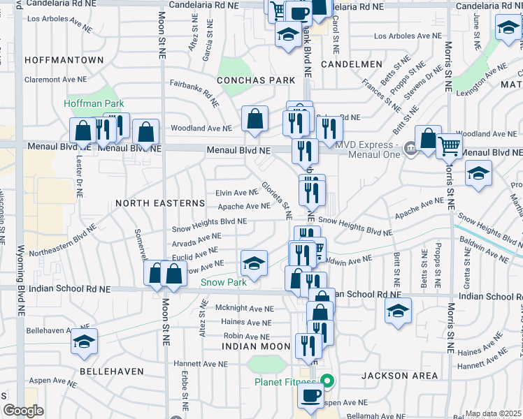 map of restaurants, bars, coffee shops, grocery stores, and more near 9706 Apache Avenue Northeast in Albuquerque