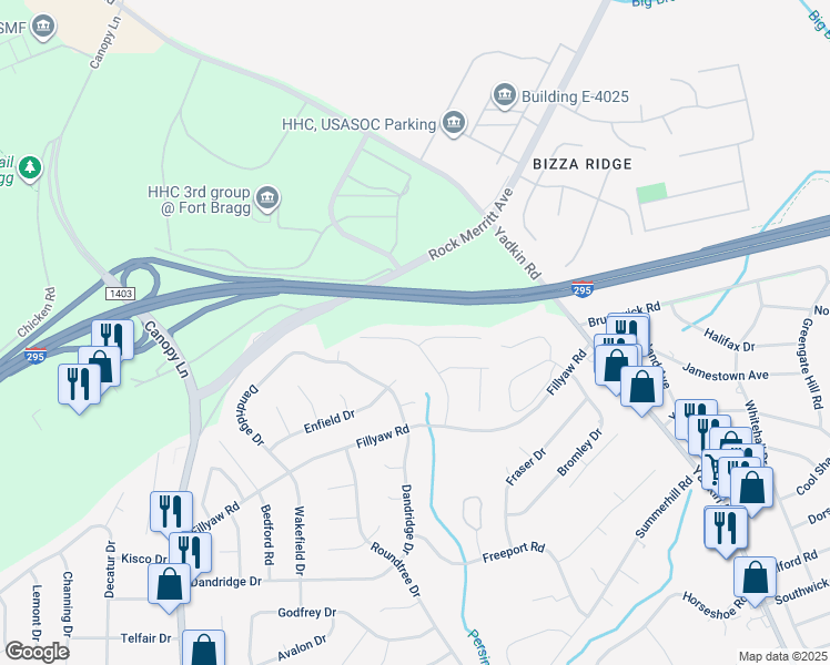 map of restaurants, bars, coffee shops, grocery stores, and more near 854 Danish Drive in Fayetteville