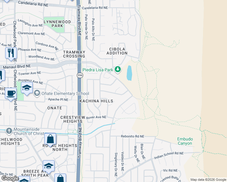 map of restaurants, bars, coffee shops, grocery stores, and more near 2101 Blue Corn Maiden Court Northeast in Albuquerque