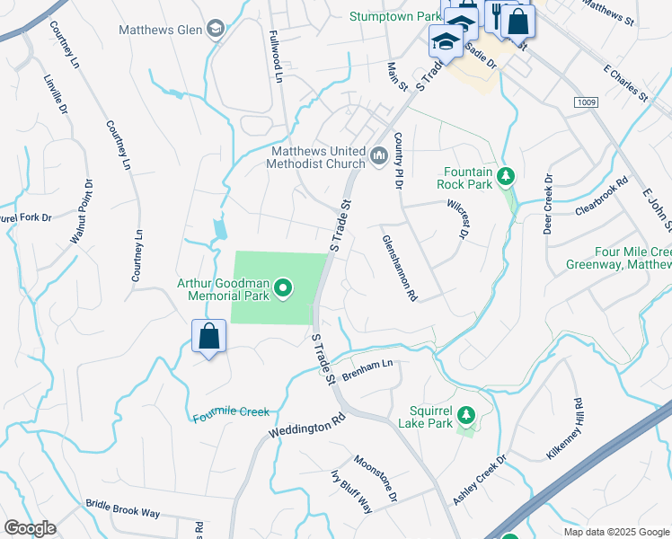 map of restaurants, bars, coffee shops, grocery stores, and more near 1098 South Trade Street in Matthews