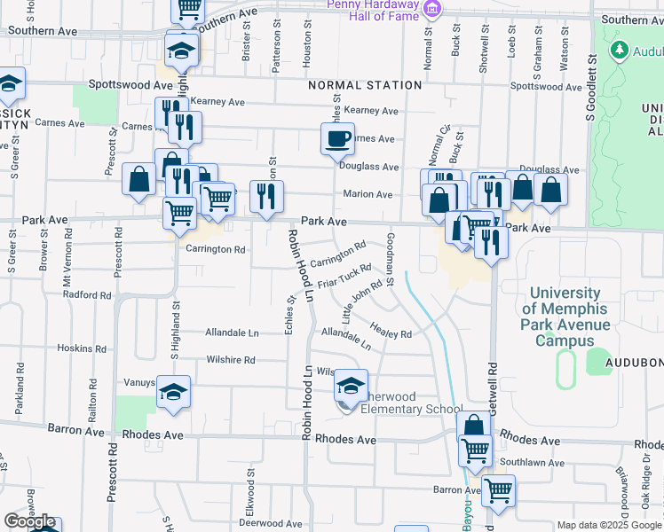 map of restaurants, bars, coffee shops, grocery stores, and more near 3713 Carrington Road in Memphis