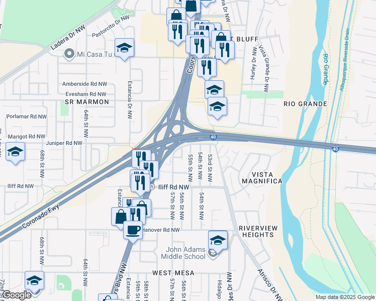 map of restaurants, bars, coffee shops, grocery stores, and more near 1737 55th Street Northwest in Albuquerque