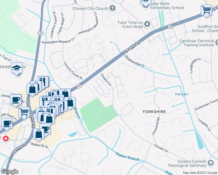 map of restaurants, bars, coffee shops, grocery stores, and more near 13714 Calloway Glen Drive in Charlotte