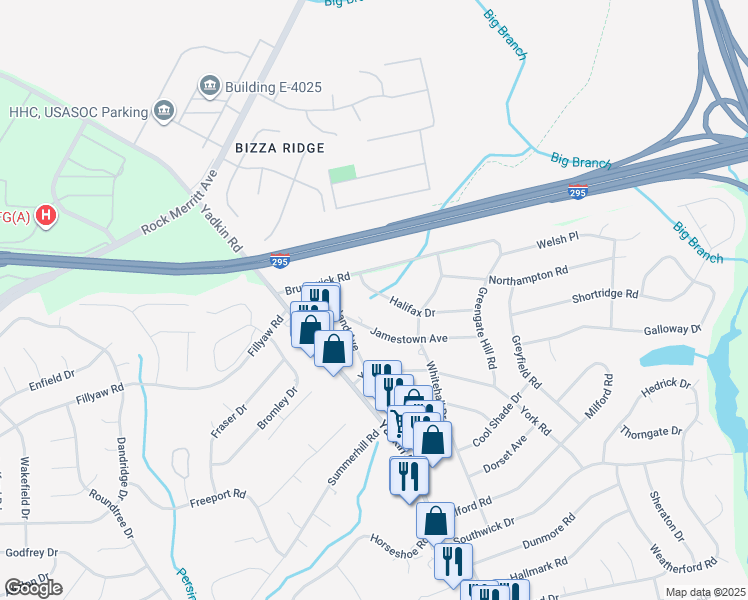 map of restaurants, bars, coffee shops, grocery stores, and more near 406 Halifax Drive in Fayetteville