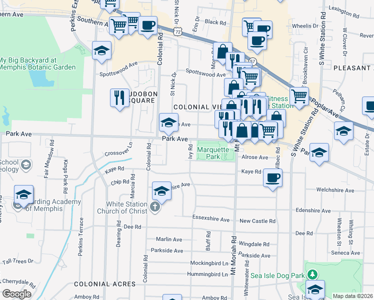 map of restaurants, bars, coffee shops, grocery stores, and more near 945 Ivy Road in Memphis