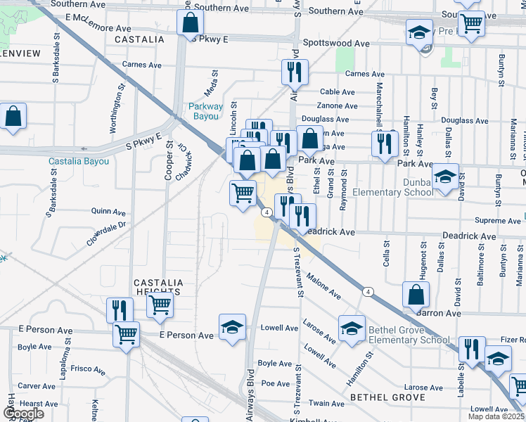 map of restaurants, bars, coffee shops, grocery stores, and more near 2289 Lamar Avenue in Memphis