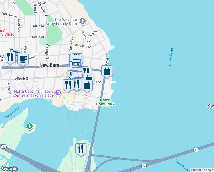 map of restaurants, bars, coffee shops, grocery stores, and more near 226 East Front Street in New Bern