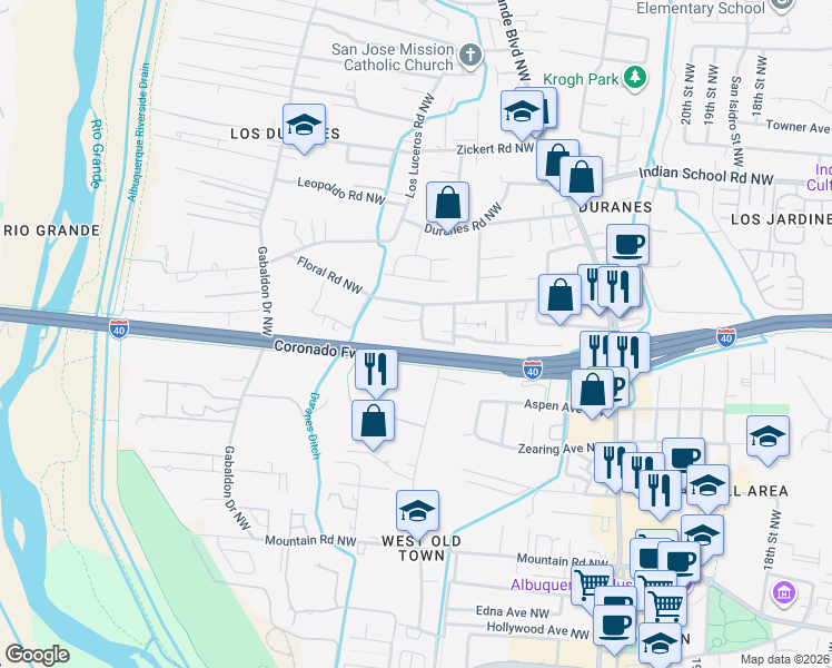 map of restaurants, bars, coffee shops, grocery stores, and more near 1207 San Antonio Street Northwest in Albuquerque
