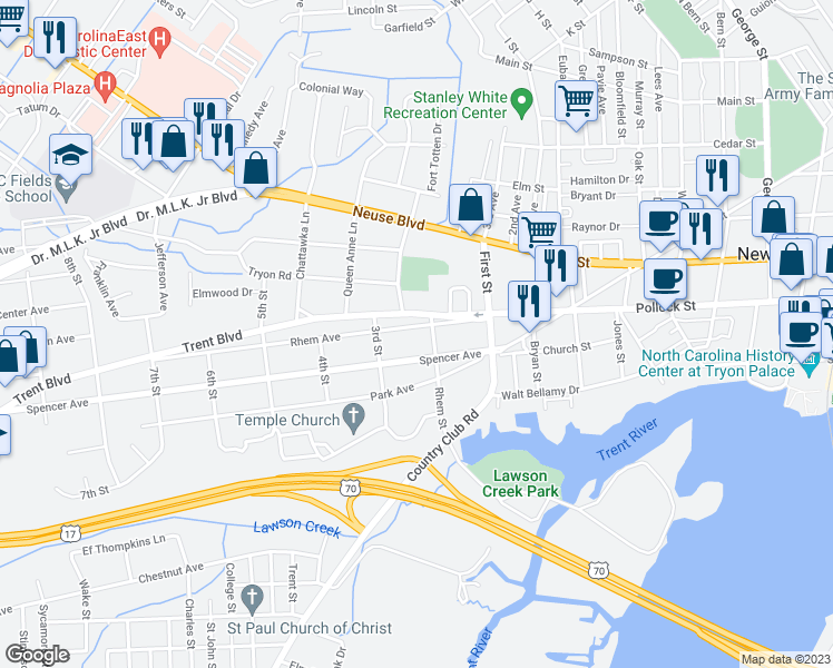 map of restaurants, bars, coffee shops, grocery stores, and more near 1407 Rhem Avenue in New Bern