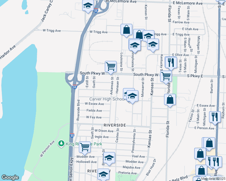 map of restaurants, bars, coffee shops, grocery stores, and more near 1526 Arkansas Street in Memphis