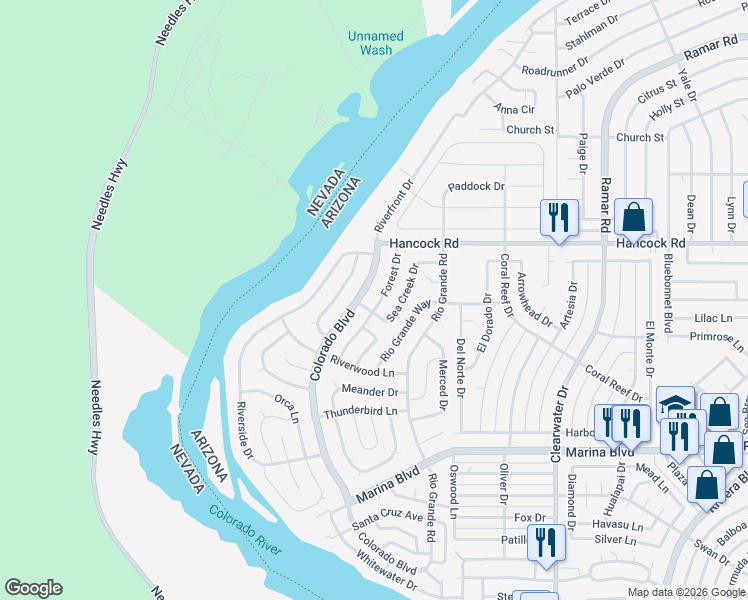 map of restaurants, bars, coffee shops, grocery stores, and more near 1788 Colorado Boulevard in Bullhead City