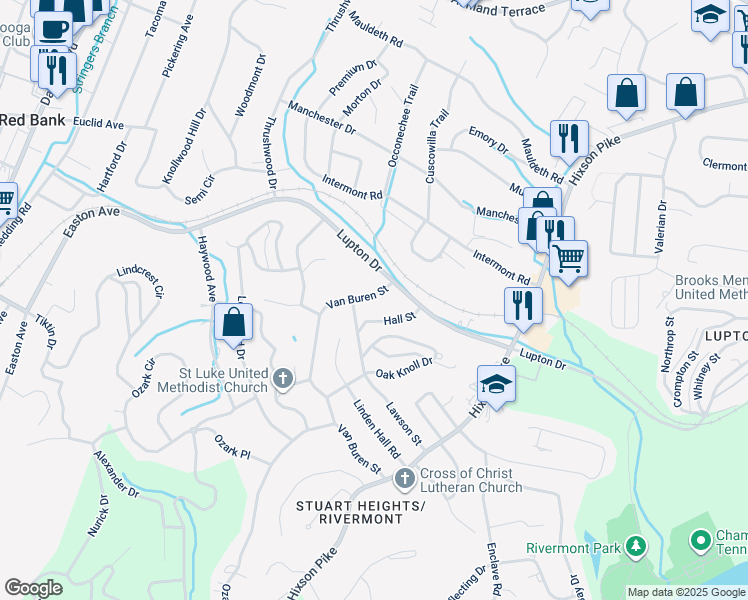map of restaurants, bars, coffee shops, grocery stores, and more near 3458 Van Buren Street in Chattanooga