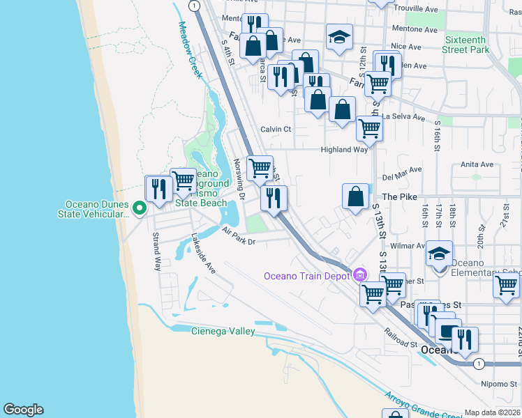 map of restaurants, bars, coffee shops, grocery stores, and more near 651 Pershing Drive in Oceano