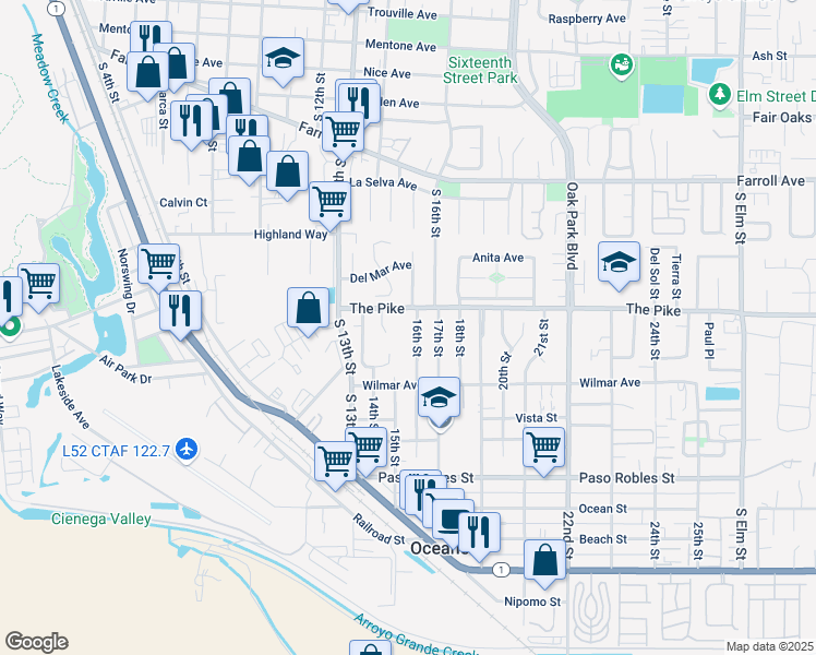 map of restaurants, bars, coffee shops, grocery stores, and more near 1316 16th Street in Oceano